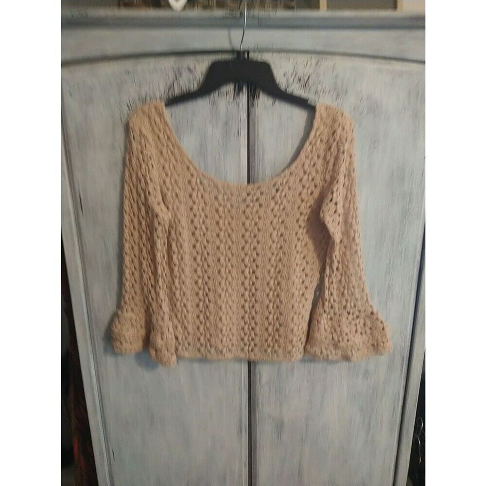 Free People Crocheted Flared Sleeve Top Small Beige Boho Cottage Core Y2k